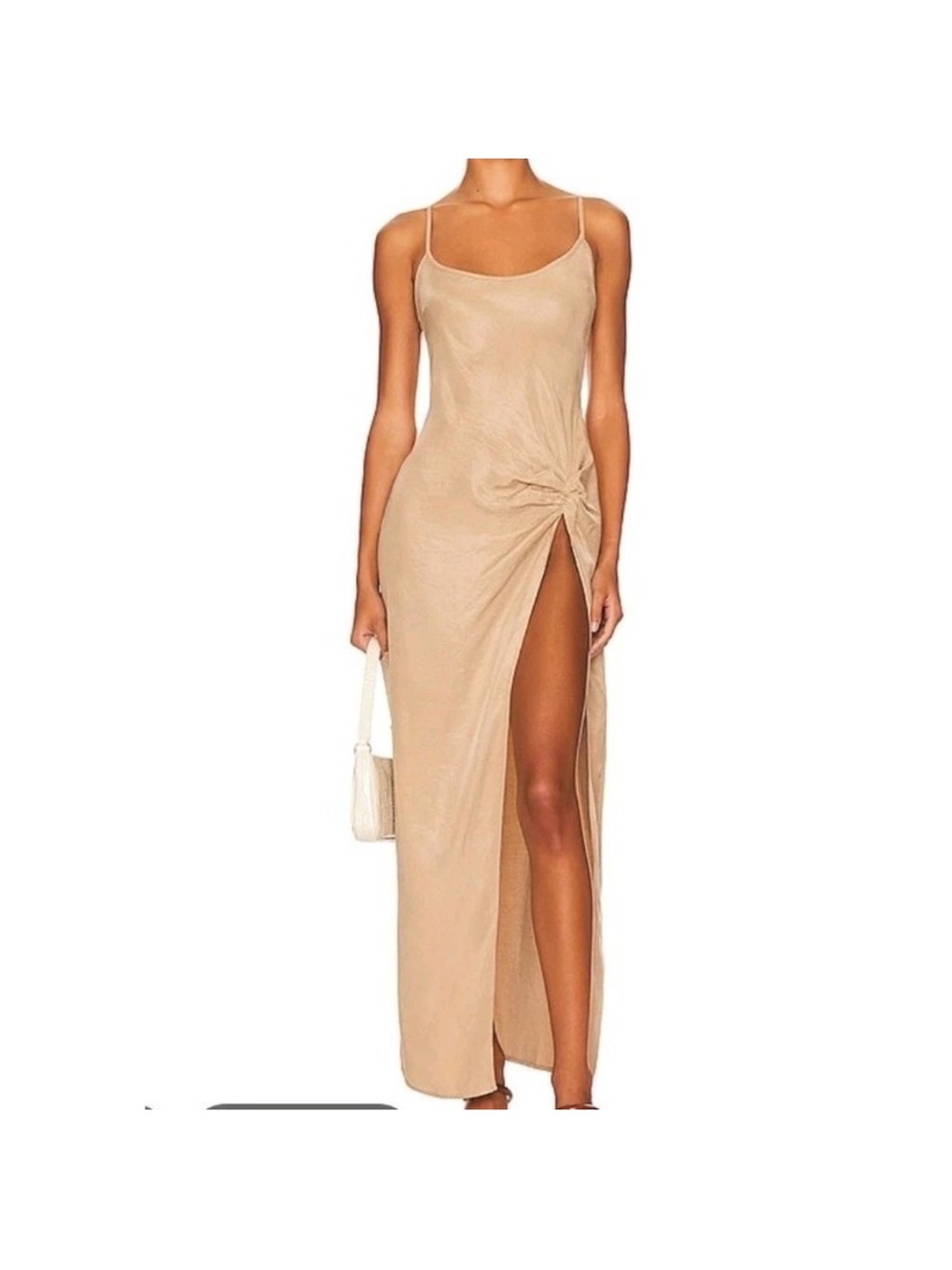 Atoir Cream Knotted Side-Slit Spaghetti Strap Maxi Dress